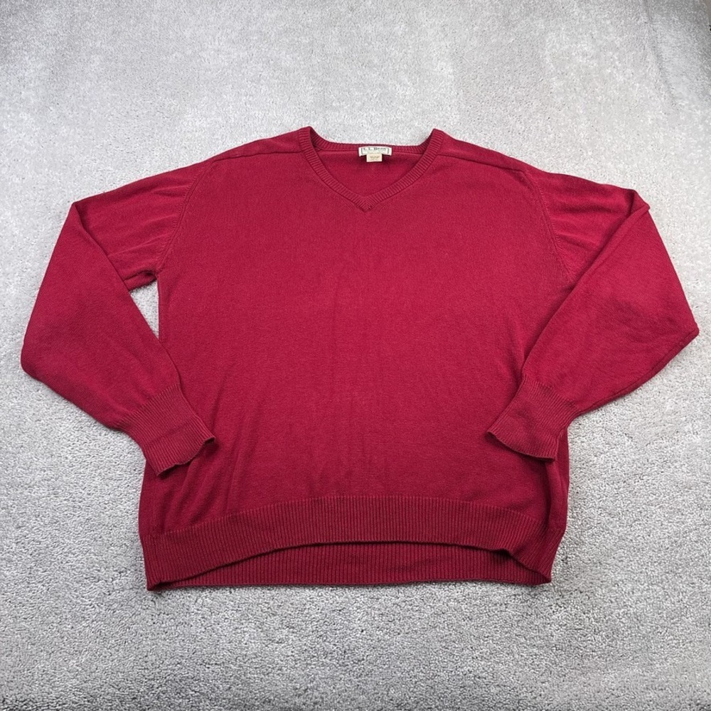VINTAGE LL Bean Sweater Mens XL Red Cotton‎ Knit V Neck Pullover Made in USA